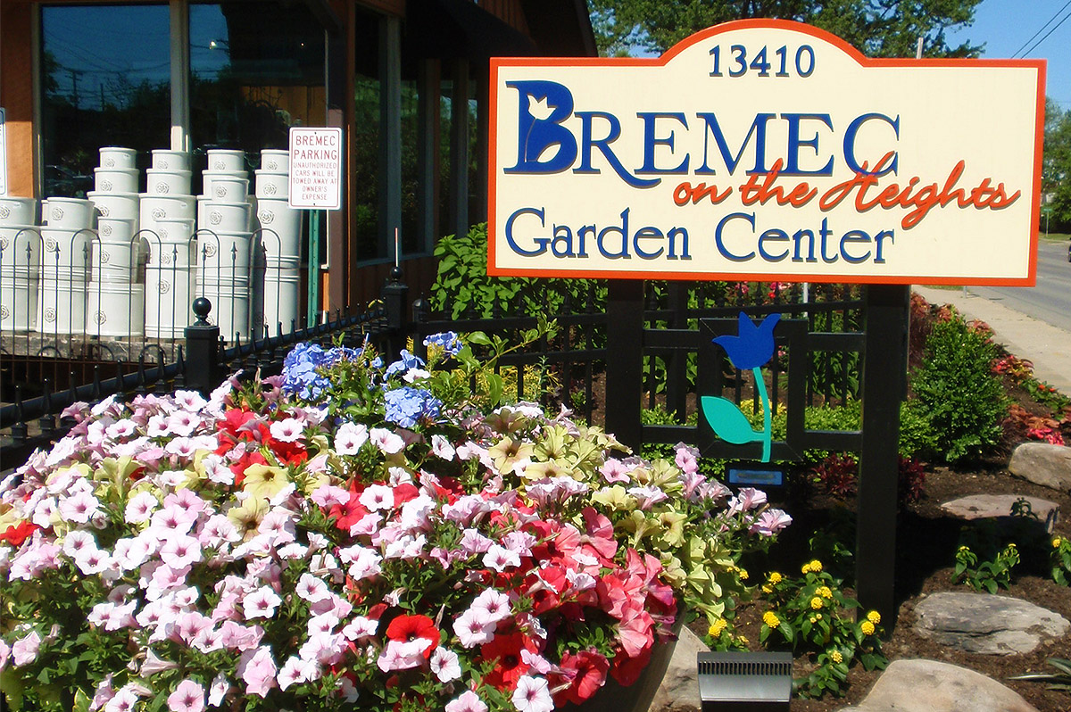 front sign at Bremec on the Heights Garden Center with flowers